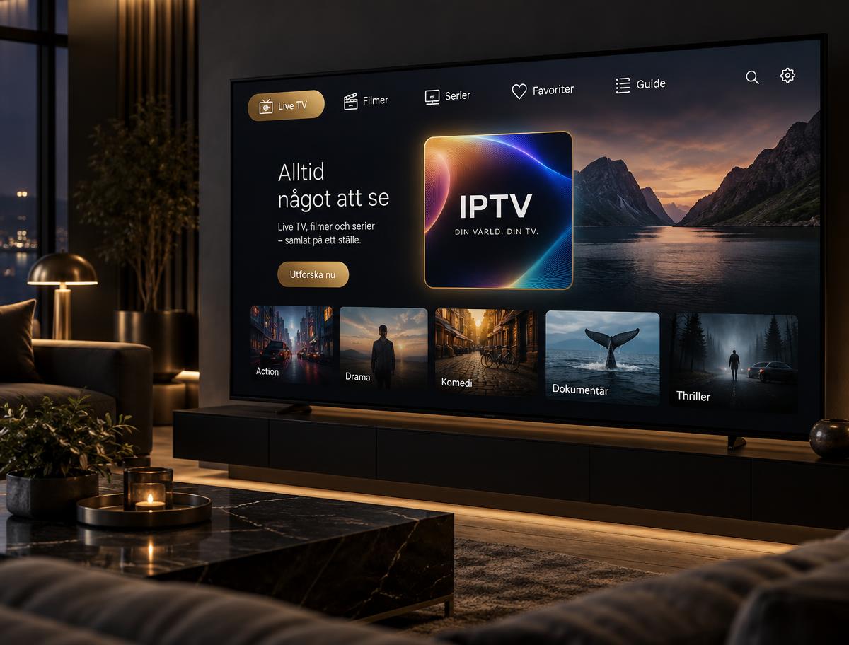Ett generiskt IPTV-gränssnitt på en TV med kategorier för live-TV, filmer och serier