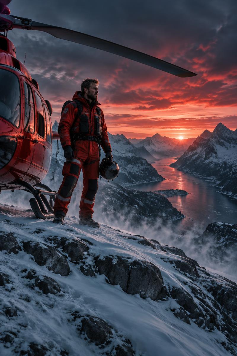 Fiktiv actionaffisch med räddningspilot och helikopter i fjällen