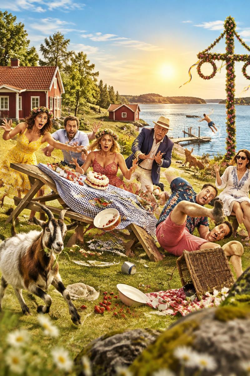 Fiktiv komediaffisch med ett kaotiskt svenskt sommarfirande